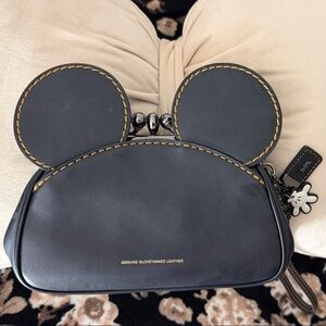 Coach Black Leather Mickey Ear Wristlet with Yellow Stitching
